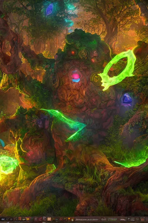 Image similar to arcane fantasy art giant golem elemental wood rock bastion forged gemstone enchanted forest troll, global illumination ray tracing hdr fanart arstation by sung choi and eric pfeiffer and gabriel garza and casper konefal lisa frank zbrush central hardmesh radiating a glowing aura