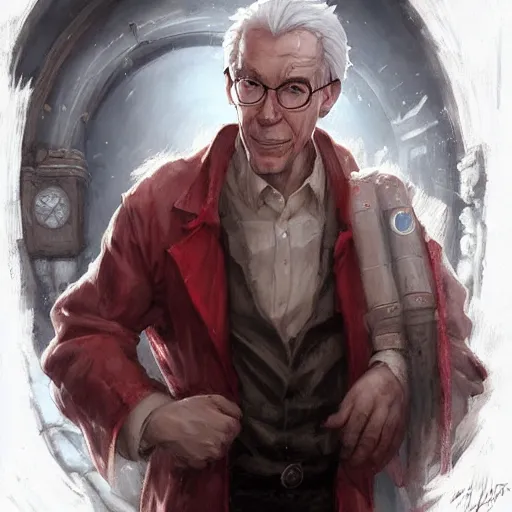 Image similar to a wise human male professor with grey hair with a streak of red, spectacles, white lab coat, dnd character art portrait, matte fantasy painting, deviantart artstation, by jason felix by steve argyle by tyler jacobson by peter mohrbacher by paul hedley, cinema