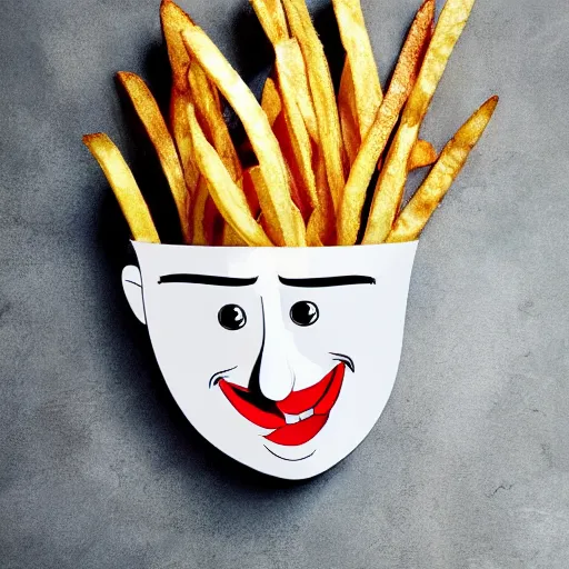 Image similar to photo of [ a single salted french fry chip ] shaped like that looks like stephen fry as a pixar character hybrid intercross mix cinematic lighting