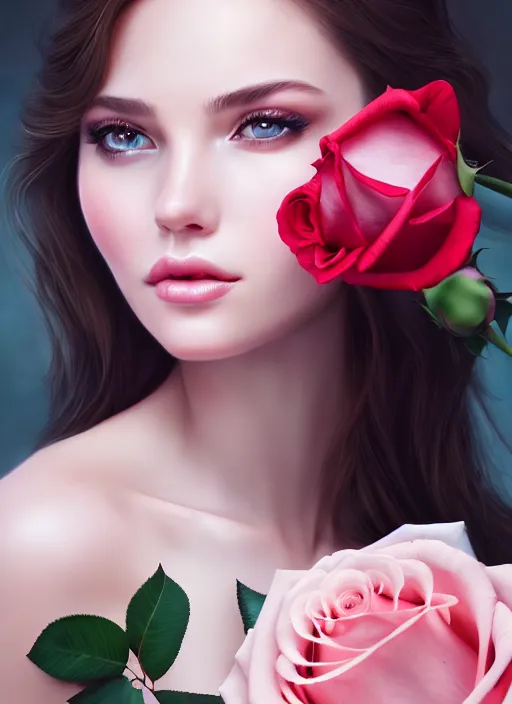 Image similar to a gorgeous female photo, professionally retouched, soft lighting, holding a bouquet of roses, realistic, smooth face, perfect eyes, wide angle, sharp focus on eyes, 8 k high definition, insanely detailed, intricate, elegant, art by artgerm and wlop