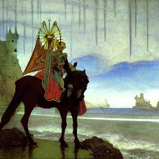 Image similar to Chalice knight leaving the castle through the bridge, thunderstorm, beach ocean on the background major arcana sky, by paul delaroche, alphonse mucha and arnold böcklin arnold böcklin hyperrealistic 8k, very detailed