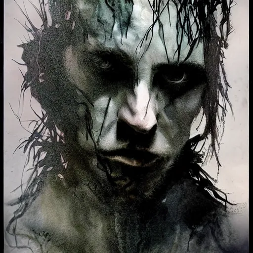 Image similar to stunning portrait of gaunt christian bale a ( the cure fan ) as dream from sandman, dim stars as eyes, by jeremy mann, by cedric peyravernay, by by russ mills, by richard avedon and ben templesmith, dramatic lightning, sadness, dark eye sockets, in the shadows, punk rock, gothic, high detailed, 8 k