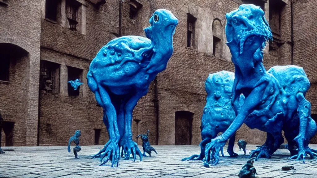 Image similar to the square creature in courtyard, made of blue liquid, surrounded by animals, film still from the movie directed by denis villeneuve and david cronenberg with art direction by salvador dali and zdzisław beksinski, wide lens