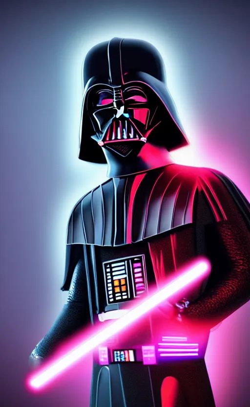 Prompt: darth vader synth wave retro wave vapor wave white and pink lighting and clothes and tech cyberpunk style ultra realistic high quality highly detailed 8 k