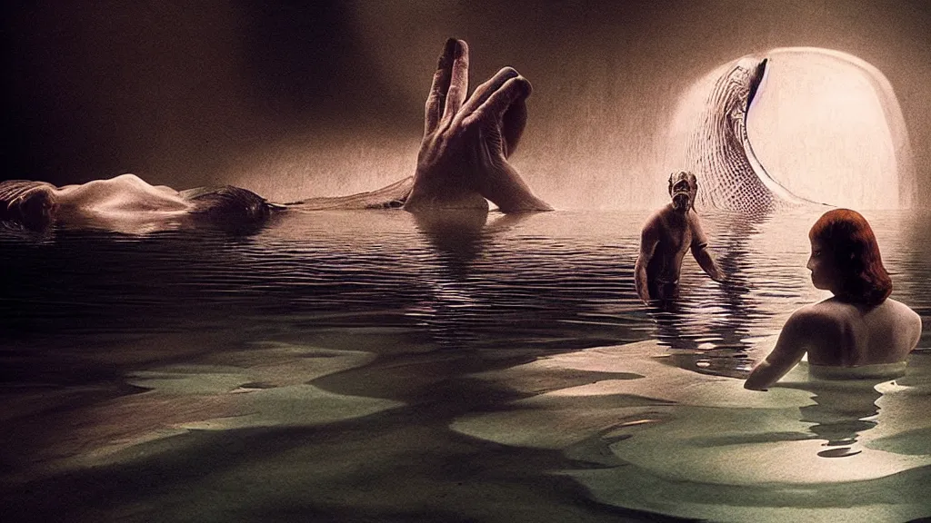 Image similar to the creature swims, water caustics, film still from the movie directed by denis villeneuve and david cronenberg with art direction by salvador dali and dr. seuss