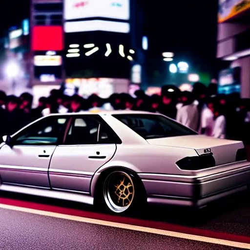 Image similar to a car JZX100 at illegal car meet, Shibuya prefecture, city midnight mist, cinematic color, photorealistic, highly detailed, 200MM