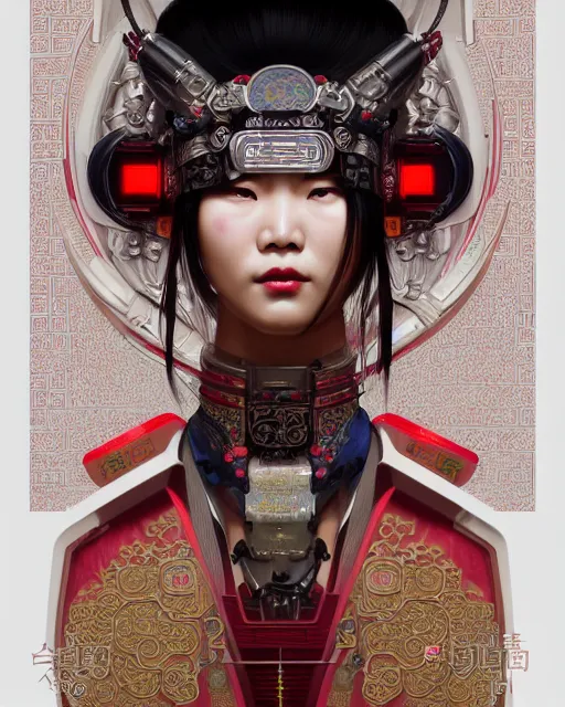 Image similar to portrait of a chinese cyberpunk machine, machine face, robed, upper half portrait, decorated with chinese opera motifs regal asian machine robot cyberpunk fine china, wuxia, traditional chinese art intricate intense elegant highly detailed digital painting artstation concept art smooth sharp focus illustration, art by artgerm and greg rutkowski alphonse mucha 8 k