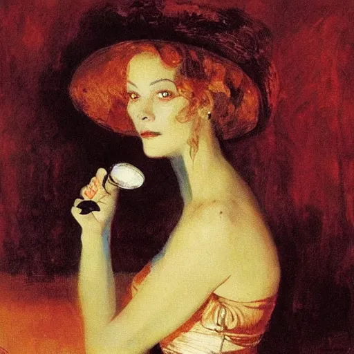 Image similar to portrait of a mysterious woman holding a martini, by Ilya Repin and Dave McKean