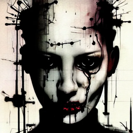 Prompt: beautiful female cyborg, wires, skulls!! machines ( by emil melmoth zdzislaw belsinki craig mullins yoji shinkawa ) realistic render ominous detailed photo atmospheric by jeremy mann francis bacon and agnes cecile ink drips paint smears!! digital glitches glitchart!! black and white photography!!!!