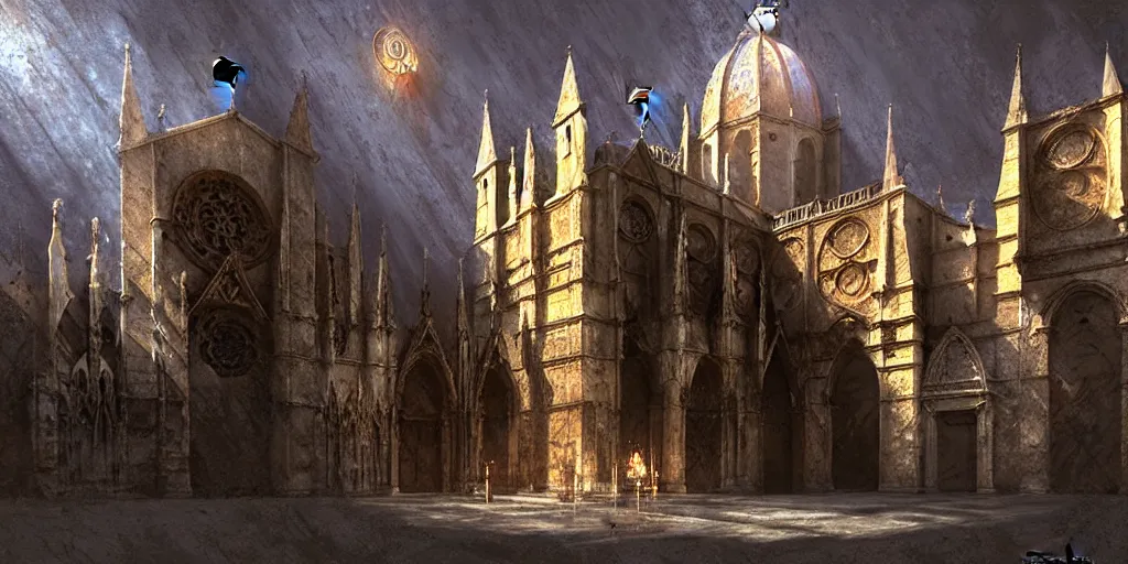 Prompt: mysterious italian medieval cathedral by the sea, art by evan cagle and craig mullins
