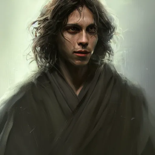 Image similar to portrait of a man by greg rutkowski, british features, messy black long hair, black robes, star wars expanded universe, he is about 2 0 years old, wearing jedi robes, highly detailed portrait, digital painting, artstation, concept art, smooth, sharp foccus ilustration, artstation hq