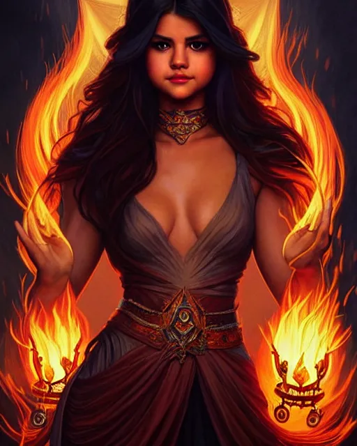 Prompt: Selena Gomez as a sorceress levitating and casting a fire spell, surrounded by fire, D&D, fantasy, intricate, elegant, highly detailed, digital painting, artstation, concept art, matte, sharp focus, illustration, hearthstone, art by Artgerm and Greg Rutkowski and Alphonse Mucha
