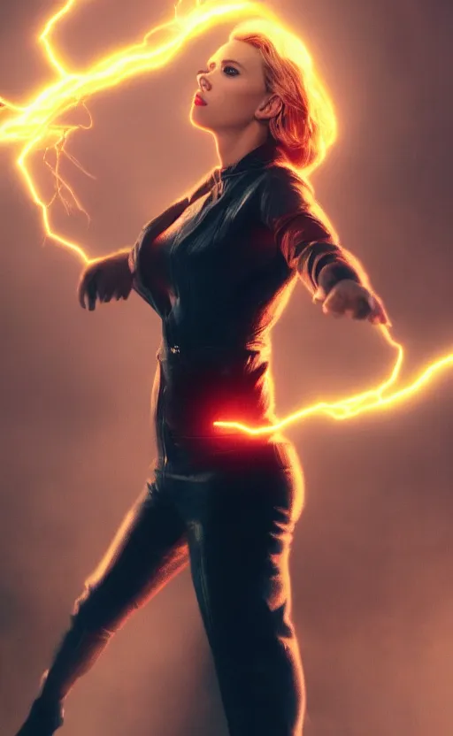 Image similar to Scarlett Johansson casting an electricity spell. Digital art trending on artstation. 4k. Tyndall effect.