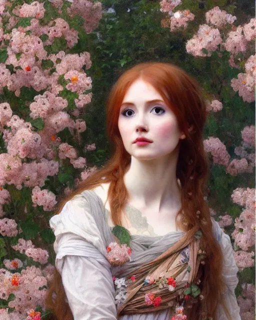 Image similar to a realistic oil painting of a girl resembling karen gillan, covered in flowers, highly detailed, intricate, artstation, by mucha, by william adolphe bouguereau, by waterhouse