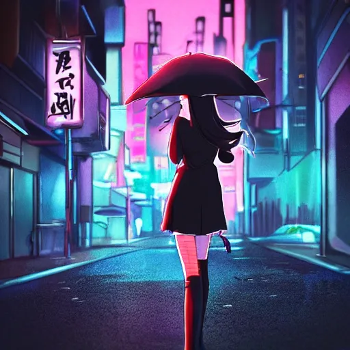 Image similar to anime girl intimidating look sharp blade looking into camera rain glowing city neon night, ghibli style