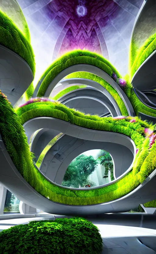 Prompt: futuristic sharp focus biophilic granite smooth villa interior secret garden, arches, bridges, fluid fractal scifi surreal, magnolia stone nebula fluid colorful architecture landscape, highly detailed, white flowers, marble, moss, vincent callebaut composition, mamou - mani, cinematic morning light, 8 k, unreal engine, uhd