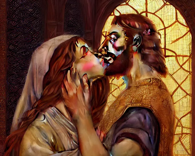 Image similar to photography of jesus kissing a sensual woman in jerusalem, deep focus,, intricate, elegant, highly detailed, digital painting, artstation, concept art, matte, sharp focus, illustration, art by artgerm and greg rutkowski and alphonse mucha