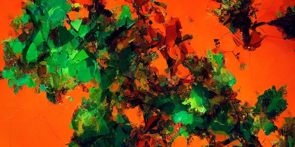 Prompt: green and orange intricate fractal abstraction, artstation, ryan hewett, mike mignola