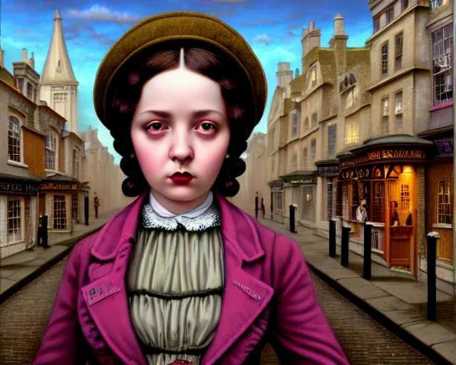 Prompt: closeup profile portrait of victorian london streets, mark ryden, lostfish, max fleischer, hyper realistic, artstation, illustration, digital paint, matte paint, vivid colors, bright, cheerful, detailed and intricate environment