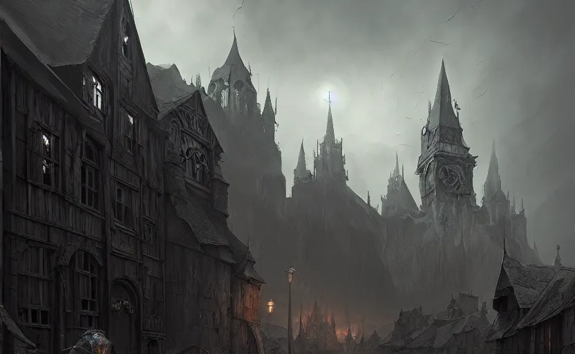 Image similar to epic concept art depicted an old medieval mystic town | art by jakub rebelka and thornton oakley and darek zabrocki and harvey dunn | dramatic mood, overcast mood, dark fantasy environment | trending on artstation, unreal engine, hyperreal movie shot