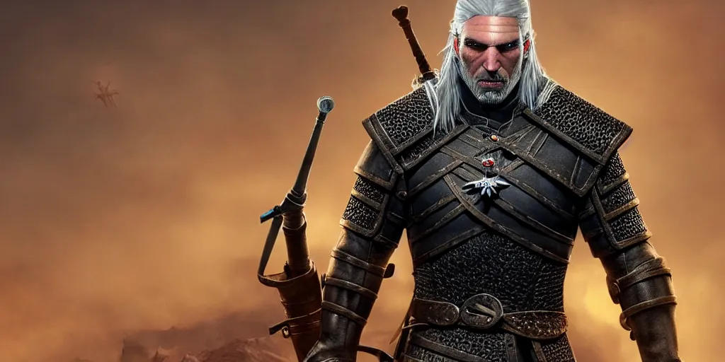 Prompt: geralt from syria in osmanian armor, new costume concept design with metal sholders and ornaments on the armor, witcher, oriental armor, fashion, colors with gold and dark blue, concept art, by artgerm, greg rutkowski, cinematic light, featured on artstation, octane render, sharp focus, ray tracing, artstationhq, cgsociety, 8 k.