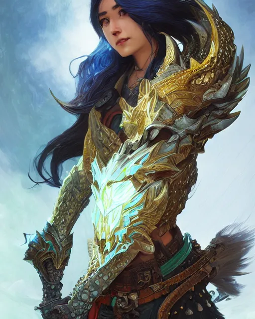 Image similar to Portrait of a Fantasy azure dragon hunter, HD, illustration, epic, D&D, fantasy, intricate, elegant, highly detailed, digital painting, artstation, concept art, smooth, sharp focus, illustration, art by artgerm and greg rutkowski and alphonse mucha, monster hunter illustrations art book