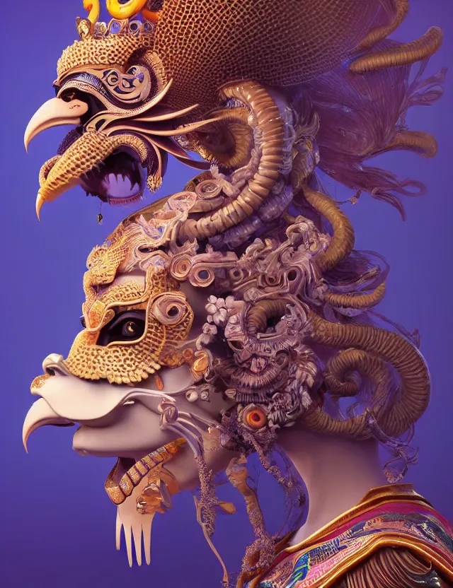 Image similar to 3 d goddess close - up profile portrait with crown, ram skull. beautiful intricately detailed tribal japanese crow kitsune mask and clasical japanese kimono. betta fish, jellyfish phoenix, bio luminescent, plasma, ice, water, wind, creature, artwork by tooth wu and wlop and beeple and greg rutkowski