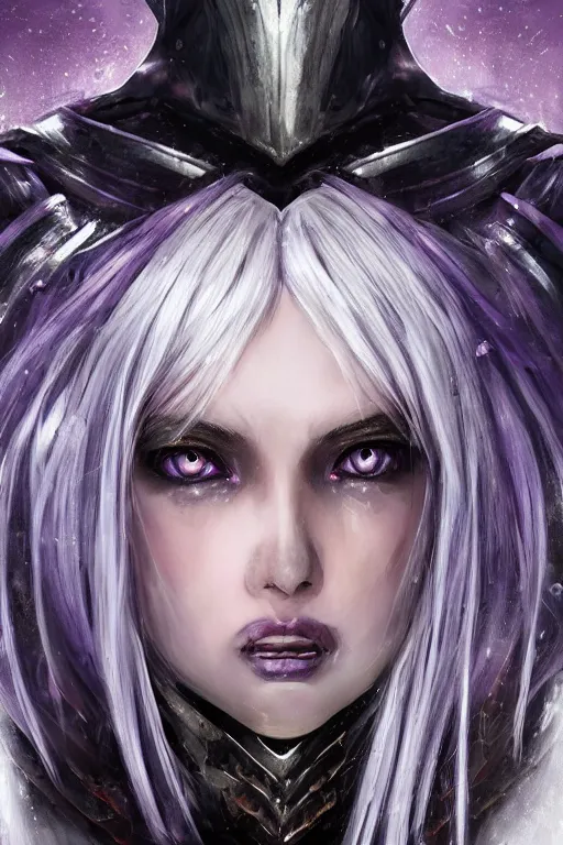 Image similar to portrait evilly white hair knights of Zodiac girl, metalic deep purple and black reflected armor, in ruined Agora of Athens thunder sparkling flash night, ssci-fi, fantasy, intricate, very very beautiful, elegant, highly detailed, digital painting, artstation, concept art, smooth, sharp focus, illustration, art by tian zi and WLOP and alphonse mucha