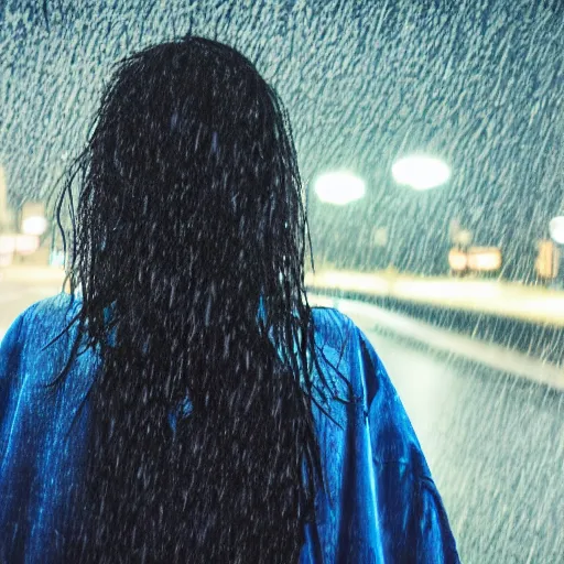 Prompt: distant view of person with shifting shades of dark blue hair standing in a downpour, wet hair, midnight, starry sky, bus station, 4 k resolution, inspired by studio ghibli