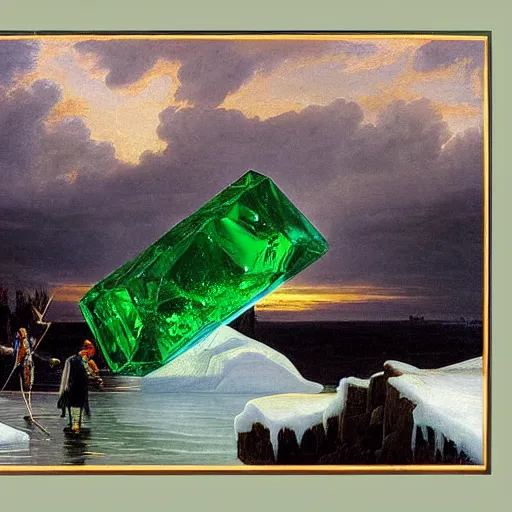 Image similar to ominous emerald crystal emerging from ice, at night, by frederic church, by kent monkman, by caspar david friedrich, king's quest, sierra games