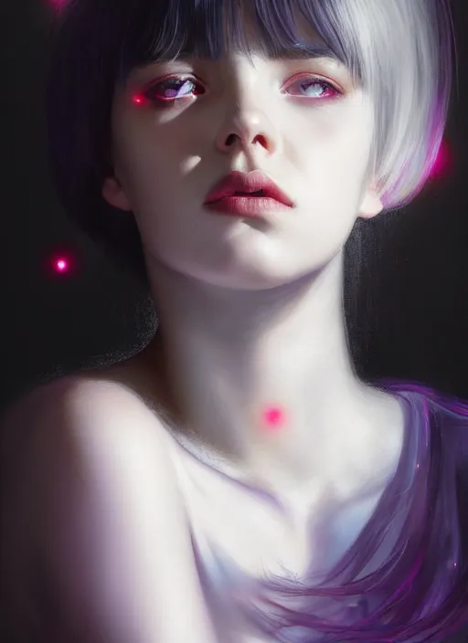 Image similar to portrait of teenage girl, red irises, bangs, black and white hair, white bangs, purple clothes, white bangs, bangs, black hair and white bangs, intricate, elegant, glowing lights, highly detailed, digital painting, artstation, concept art, smooth, sharp focus, illustration, art by wlop, mars ravelo and greg rutkowski