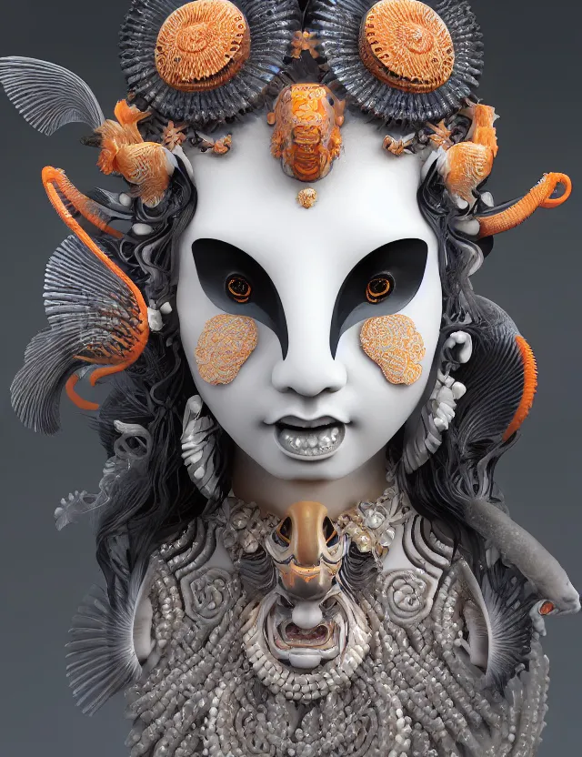 Image similar to 3 d goddess close - up 3 / 4 portrait with ram skull. beautiful intricately detailed japanese crow kitsune mask and clasical japanese kimono. betta fish, jellyfish phoenix, bio luminescent, plasma, ice, water, wind, creature, artwork by tooth wu and wlop and beeple and greg rutkowski