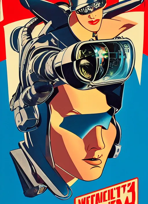 Image similar to american propaganda poster art. powerful cyberpunk pilot. portrait by jean giraud and anton otto fischer and john philip falter and will eisner and gil elvgren and pixar. full body. realistic proportions. science fiction d & d. overwatch, rb 6 s, cyberpunk 2 0 7 7, blade runner 2 0 4 9 concept art. cel shading. thick lines.