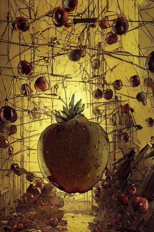 Prompt: A giant apple floating in an abandoned room, detailed art Geof Darrow and Phil hale and Ilya repin