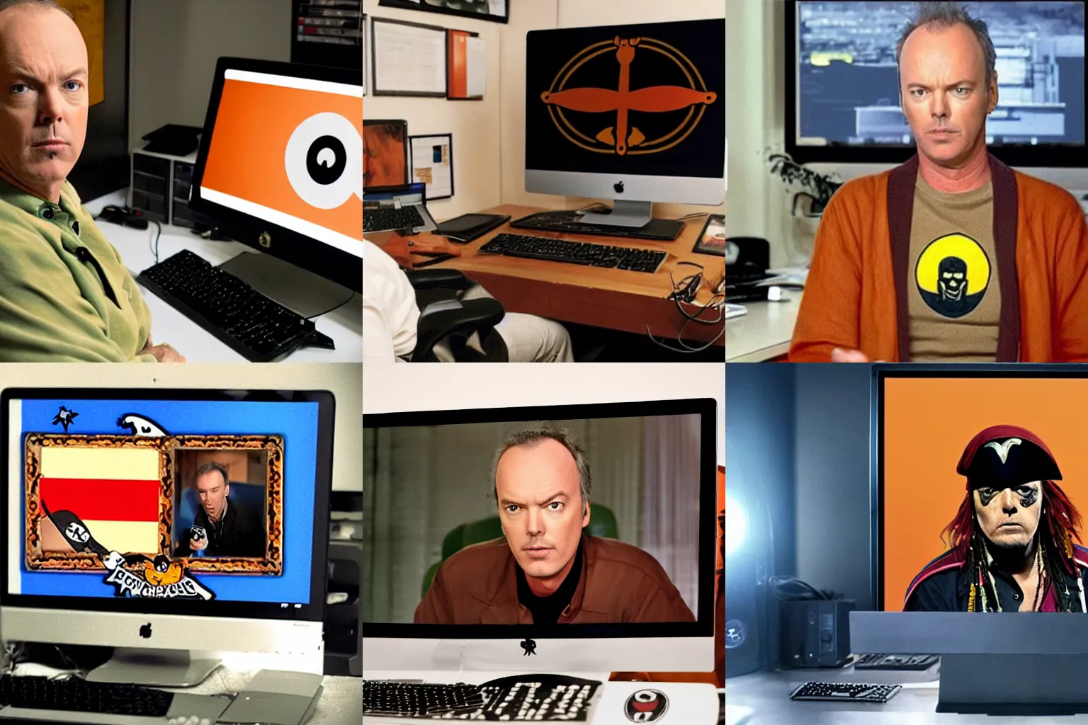 Prompt: michael keaton in his computer with a brown pirate flag on the screen