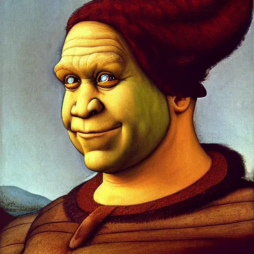 Image similar to An airbrush caricature of Shrek, painting by Leonardo Da Vinci , oil painting