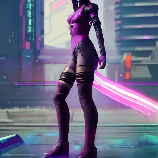 Image similar to Korean cyberpunk female, Cyberpunk 2077 night city gang member with purple bodysuit and knee high boots, trending on artstation by Ruan Jia and Mandy Jurgens and Artgerm and