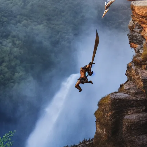 Image similar to man with sword jump of the cliff in front of the waterfall, a close shot from huge dragon, realistic shot, sci - fi, superhero, 8 k, unreal