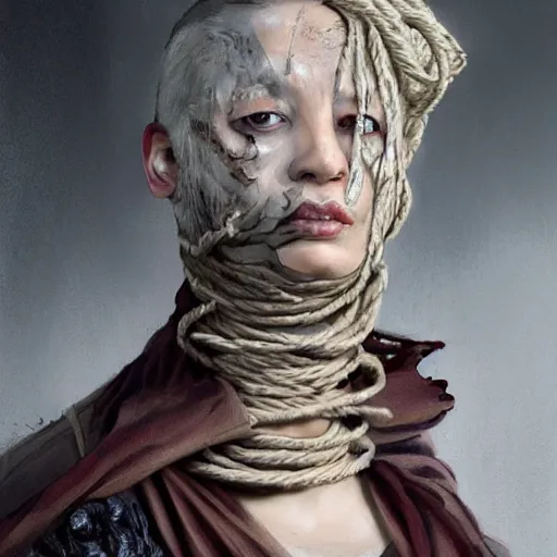 Image similar to portrait of a Shibari rope wrapped face and neck, headshot, insanely nice professional hair style, dramatic hair color, digital painting, of a old 15th century, old cyborg merchant, amber jewels, baroque, ornate clothing, scifi, realistic, hyperdetailed, chiaroscuro, concept art, art by Franz Hals and Jon Foster and Ayami Kojima and Amano and Karol Bak,