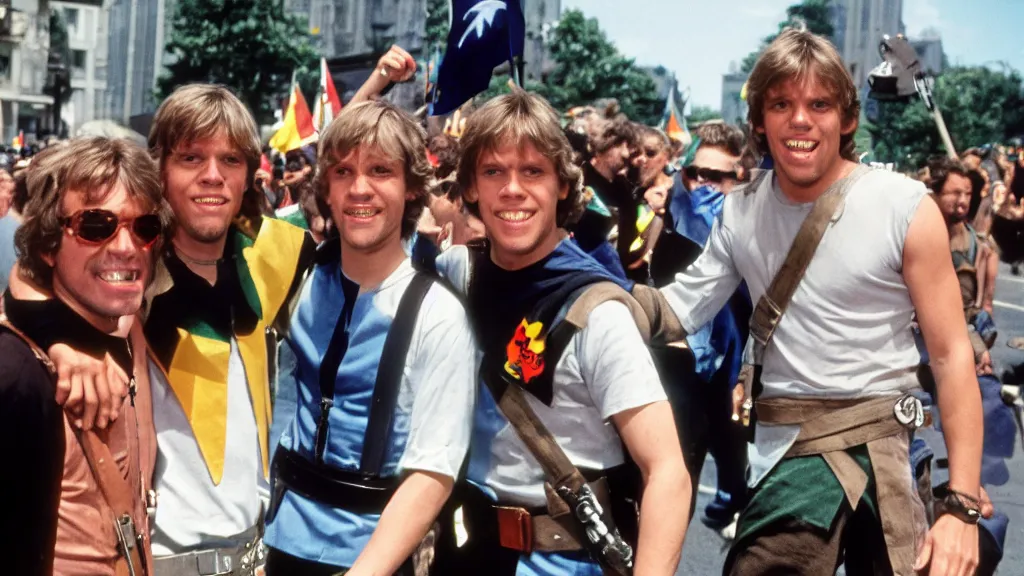 Image similar to rotj luke skywalker and the mandalorian go to pride, getty images, victorious, flags, parade, gay rights, bright smiles, daylight, twenty three year old luke skywalker and din djarin at gay pride, 3 5 mm photography, young mark hamill and pedro pascal, very happy, smiling