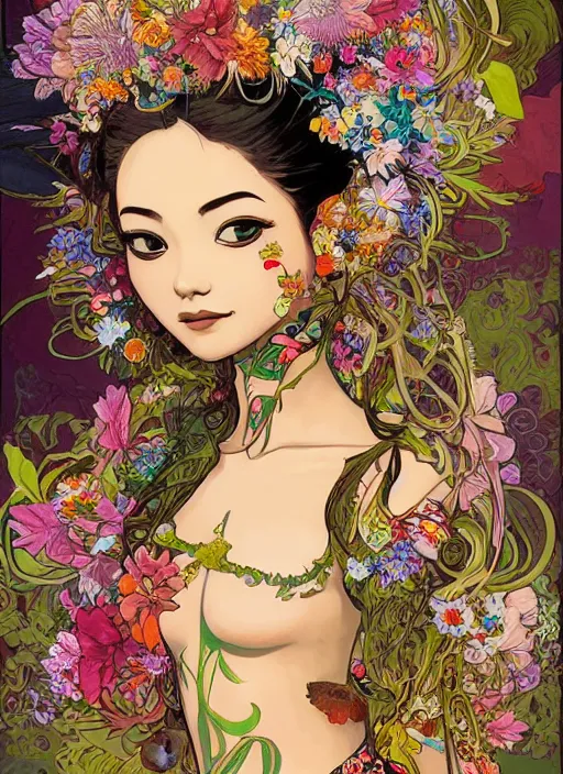 Prompt: !!! very coherent!!! oil painting, beautiful floralpunk balinese cyborg portrait girl female illustration detailed patterns art of bali traditional dress, flower pop art, floral splash painting, art by ashley wood, alphonse mucha, makoto shinkai, geof darrow, dark shadow