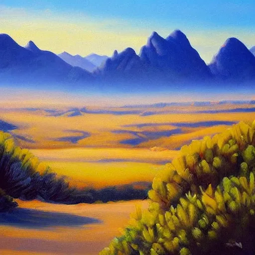 Prompt: this painting is simply stunning. it is a beautiful landscape painting of a desert scene, with mountains in the background and a bright sky. the detail is amazing. it is a truly beautiful painting.