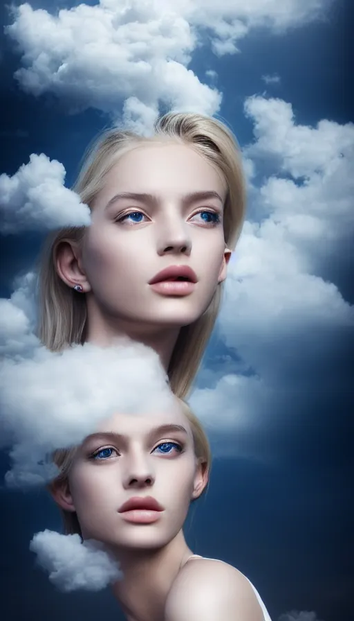 Image similar to photo of purity, a gorgeous blonde young girl , searching for eternity, head in the clouds in the style of stefan kostic, realistic, sharp focus, 8k high definition, high fashion, vogue, insanely detailed, soft light, colorful smoke, intricate, elegant, art by stanley lau and artgerm, sigma 85mm art