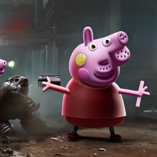 Image similar to Peppa pig in Gears of War, splash art, movie still, cinematic lighting, dramatic, octane render, long lens, shallow depth of field, bokeh, anamorphic lens flare, 8k, hyper detailed, 35mm film grain