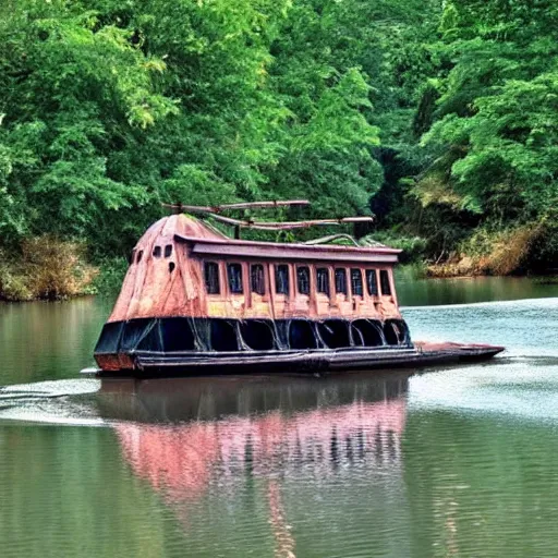 Prompt: An iron ship in a river::iron-plated::looks like a sunfish boat::photo
