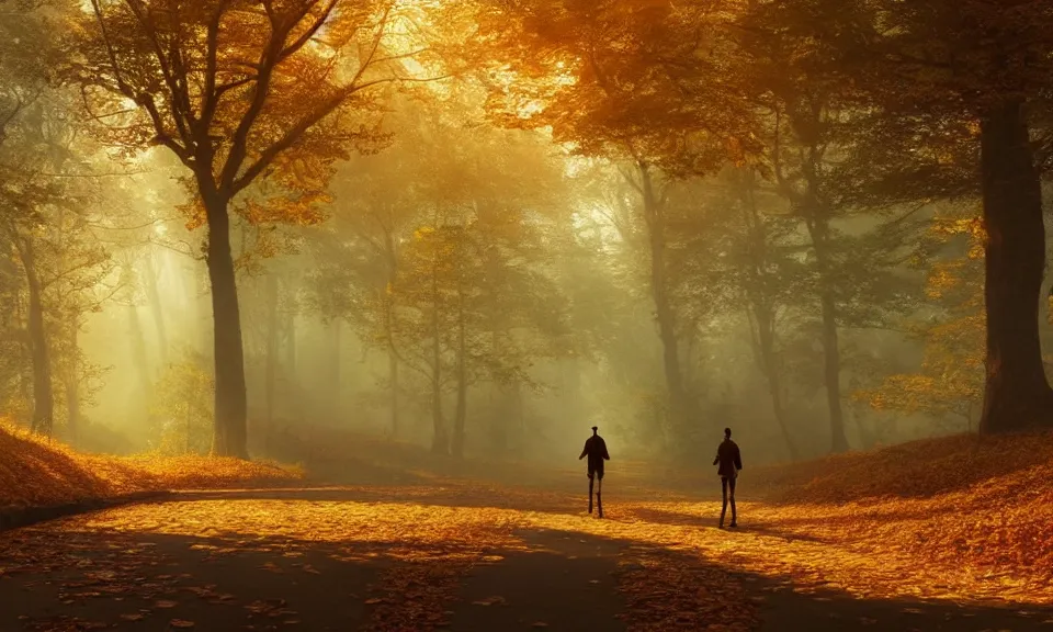 Prompt: A highly detailed 4K fantasy matte painting of an adventurer walking along a leaf-covered asphalt road in a forest during the golden hour in autumn, volumetric sun rays and dust, Thomas Kinkade, Greg Rutkowski, ArtStation, CGSociety, Unreal Engine