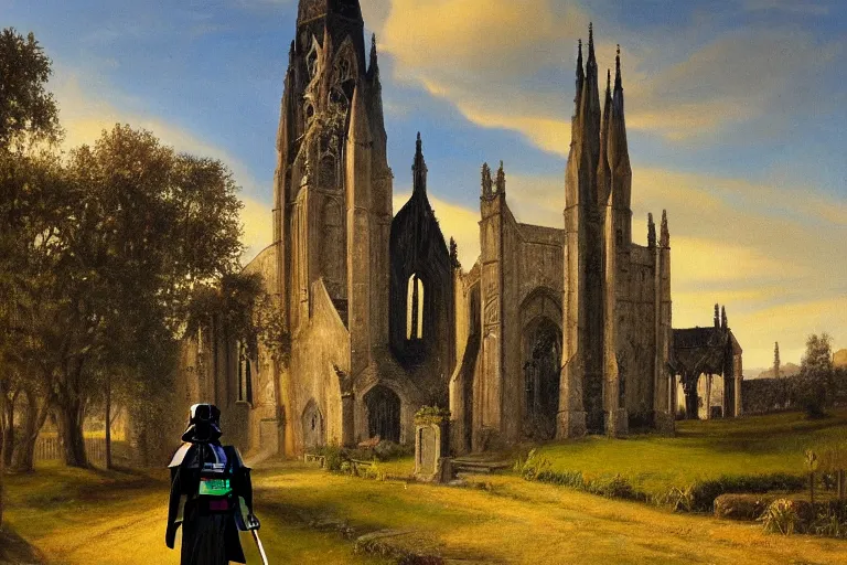 Image similar to a detailed oil painting of darth vader leaving a quaint medieval norman flint church, english, churchyard, trees, golden hour, lead - covered spire, realistic architecture