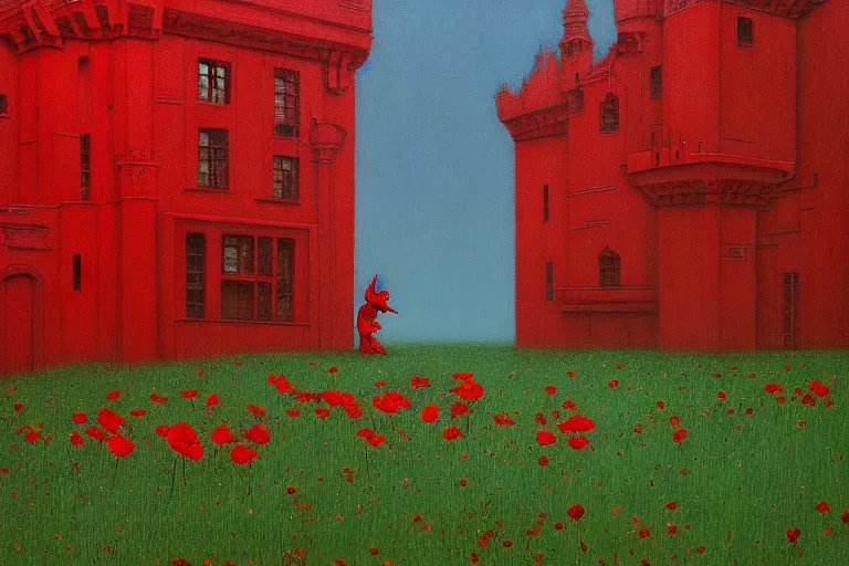 Image similar to only with red, red flowers of different types, red castle in background, red medieval big goblins, in the style of beksinski, parts by edward hopper, parts by rodcenko, parts by yue minjun, intricate and epic composition, red by caravaggio, insanely quality, highly detailed, masterpiece, red light, artstation, 4 k