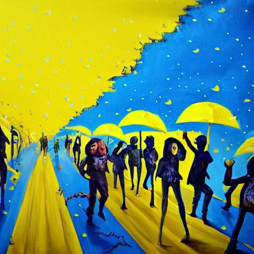 Image similar to painting of zombies walking in a blue sky, yellow raining