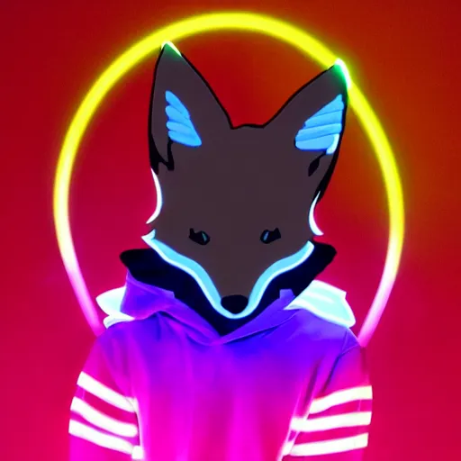 Image similar to a fox wearing a black hoodie with glowing neon stripes, in the style of anime